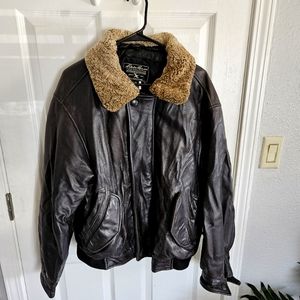 Eddie Bauer Leather Bomber Lamb Fur Collar Goose Down Aviator Jacket Sz M Black